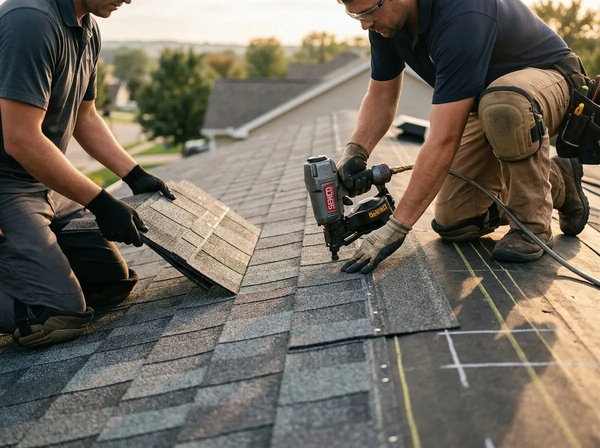 Professional roofer working on a residential roof in Marble Falls